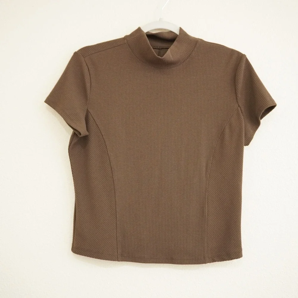 Alo Yoga Ribbed Mock Neck Short Sleeve Top Espresso Brown Athletic Shirt